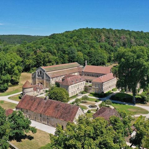 Luftbild der L'Abbeye de Fontenay; sommerliche Wälder umgeben die historischen Gebäude