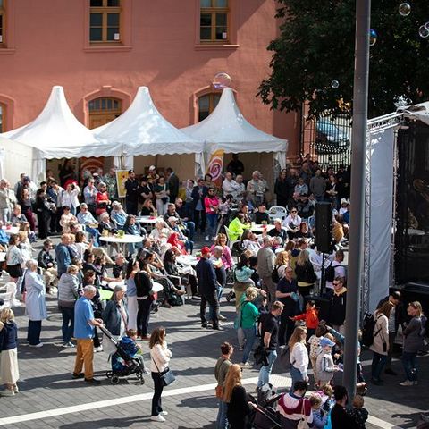 Auf dem Bild sieht man eine große Menschenmenge auf einem Platz vor dem Gebäude des Landtags Rheinland-Pfalz. Im Vordergrund stehen zahlreiche Menschen, die sich um Stehtische gruppieren oder durch die Menge schlendern. Einige sitzen an Tischen unter weißen Pavillons, die als Infostände oder Verpflegungsstände dienen.  Auf der rechten Seite sieht man eine Bühne. Die weißen Pagodenzelte sind festlich geschmückt, und es hängen bunte Girlanden sowie Banner.  Im linken Vordergrund parkt ein türkisfarbener VW-Bus.