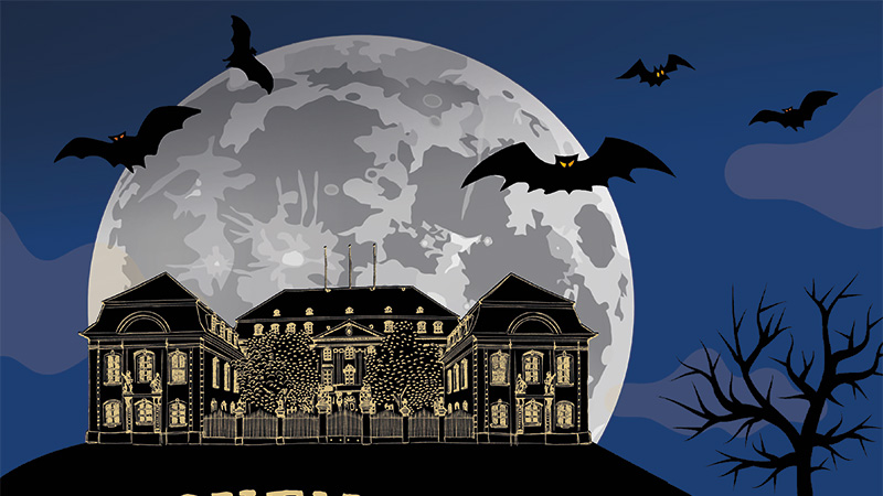 Das Deutschhaus als Comic gruselig bei Nacht im Mondschein mit Fledermäusen am Himmel
