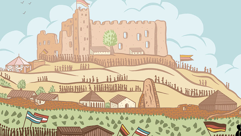 Grafische Darstellung des Hambacher Festes auf dem Hambacher Schloss. Die Hambacher Fahne weht auf dem Burgfried.