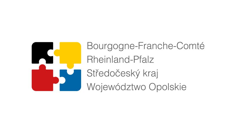 Vier Puzzleteile in den Farben Schwarz, Gelb, Blau und Rot sind zu einem Quadrat angeordnet. Daneben sind die Partnerregionen aufgelistet. 