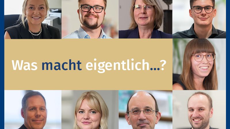 Zu sehen ist eine Bildcollage. Diese zeigt Männer und Frauen. Alle schauen in die Kamera. In der Mitte ist eine hellbraune Farbfläche. Auf dieser steht: "Was macht eigentlich...?"