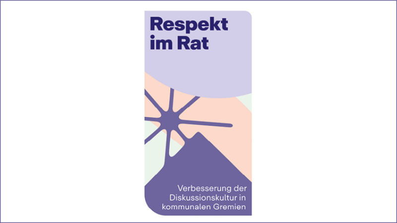 Zu sehen ist eine Illustration in Pastelfarben (rosa, lila, gr&uuml;n). Oben steht "Respekt im Rat". Am Ende steht "Verbesserung der Diskussionskultur in kommunalen Gremien"