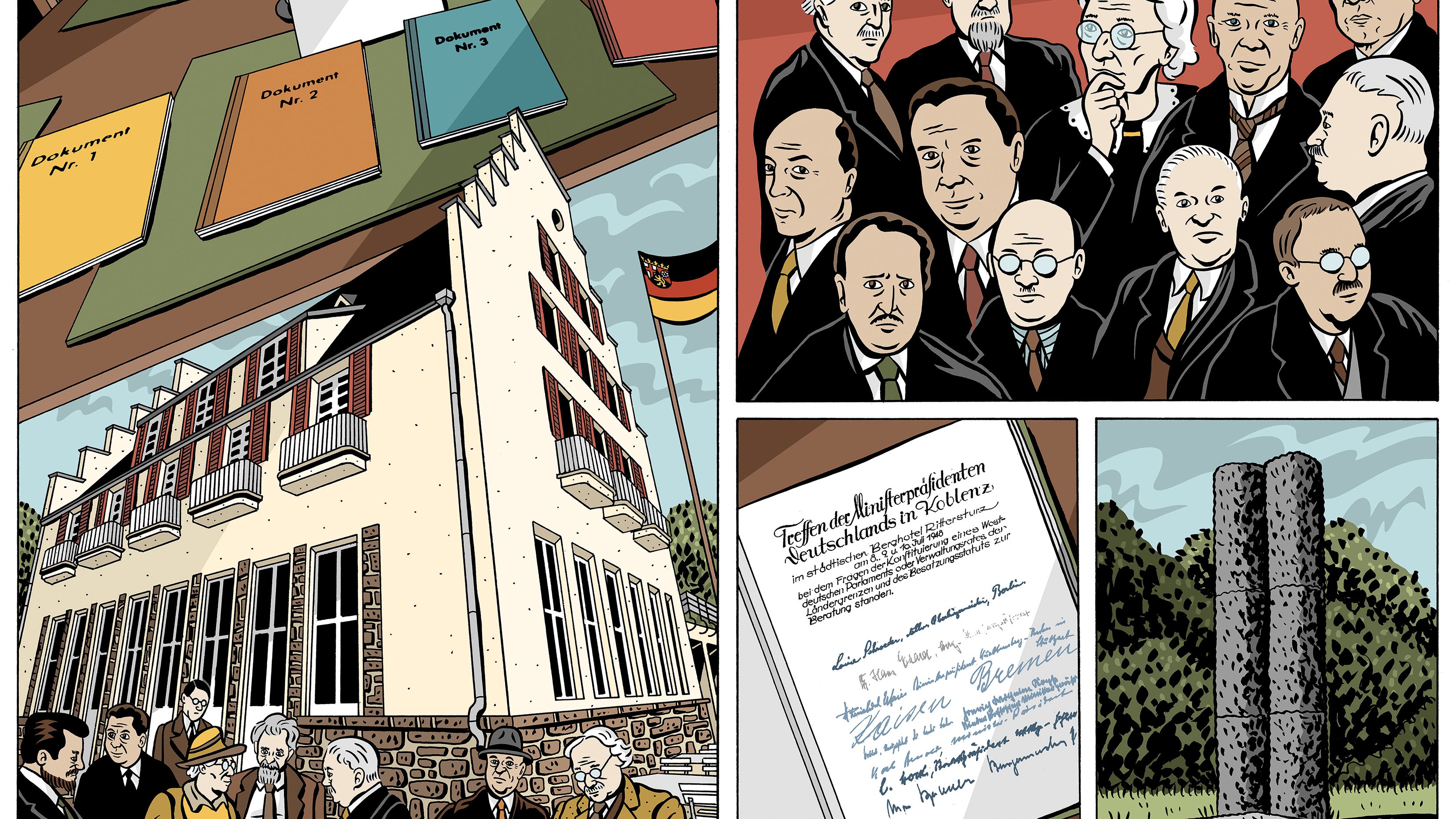 Comiczeichnungen: Tische mit Dokumenten, ein mehrstöckiges Gebäude, zwei Gruppen zahlreicher Männer, das Rittersturz-Denkmal