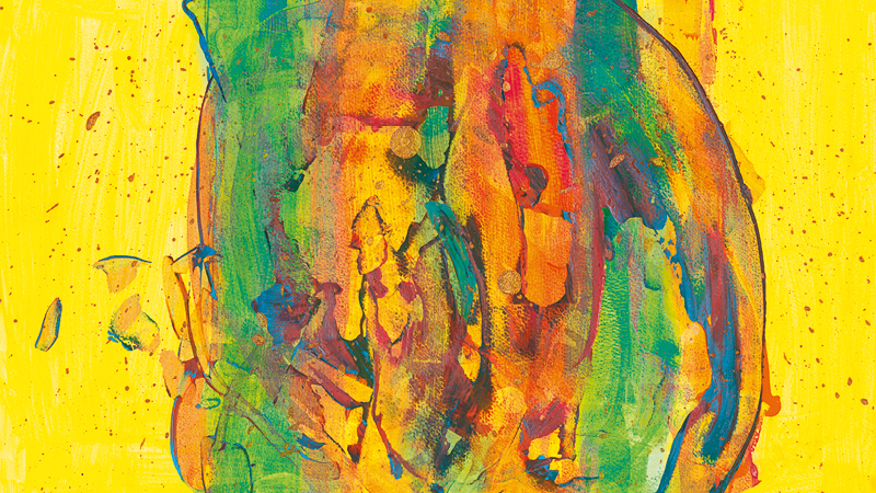 Zu sehen ist ein buntes Gemälde von Sophia Kirst. Die Hintergrundfarbe des Gemäldes ist Gelb. 