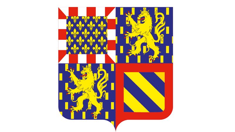 Zu sehen ist ein Wappen. Es ist geviertelt (in vier Felder geteilt): Oben links sieht man ein blaues Feld mit goldenen Lilien, umgeben von einem rot-weißen Bord. Oben rechts und unten links sieht man einen goldenen Löwen auf blauem Grund mit kleinen goldenen Rechtecken. Unten rechts ist ein Schild mit schrägen gold-blauen Streifen und einem roten Rand.