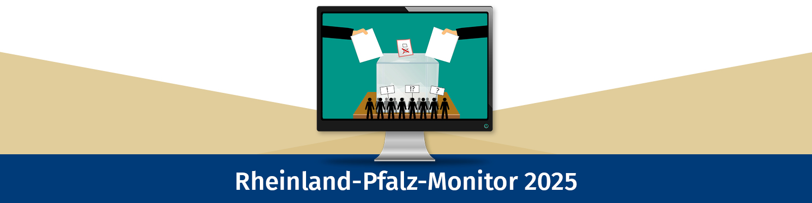 Rheinland-Pfalz-Monitor 2025. Auf einem Bildschirm ist eine Wahlurne abgebildet. Davor stehen viele Strichmännchen, die symbolisch ihre Meinung äußern. ©Landtag RLP / pixabay_Maiconfz / pixabay_mohamed_hassan / pixabay_GDJ  Rheinland-Pfalz-Monitor 2025. Auf einem Bildschirm ist eine Wahlurne abgebildet. Davor stehen viele Strichmännchen, die symbolisch ihre Meinung äußern.