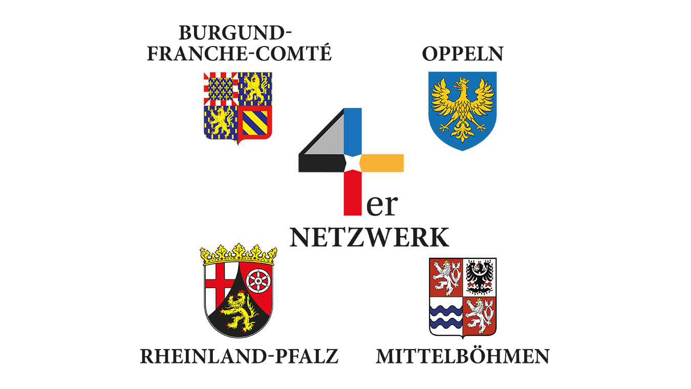 Grafik des 4er Netzwerks umgeben von den Wappen der Regionen Burgund-Franche-Comté, Rheinland-Pfalz, Oppeln und Mittelböhmen ©4er Netzwerk der Regionalpartner Grafik des 4er Netzwerks umgeben von den Wappen der Regionen Burgund-Franche-Comté, Rheinland-Pfalz, Oppeln und Mittelböhmen