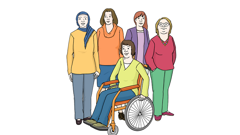 Die Illustration zeigt fünf Frauen. Sie stehen nebeneinander. Die vorderste Frau sitzt in einem Rollstuhl. Die Frau auf der linken Seite trägt ein Kopftuch. Alle Frauen haben bunte Pullover an in den Farben gelb, orange, lila, pink und hellgrün. Sie schauen den Betrachter lächelnd an.