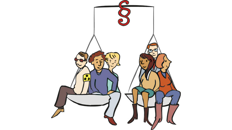 Illustration. Man sieht eine Große Waage. Beide Waagschalen sind mit gleichvielen Menschen gefüllt. Die Waage ist im Gleichgewicht. Zu sehen ist ein blinder Menschen, Männer und Frauen.