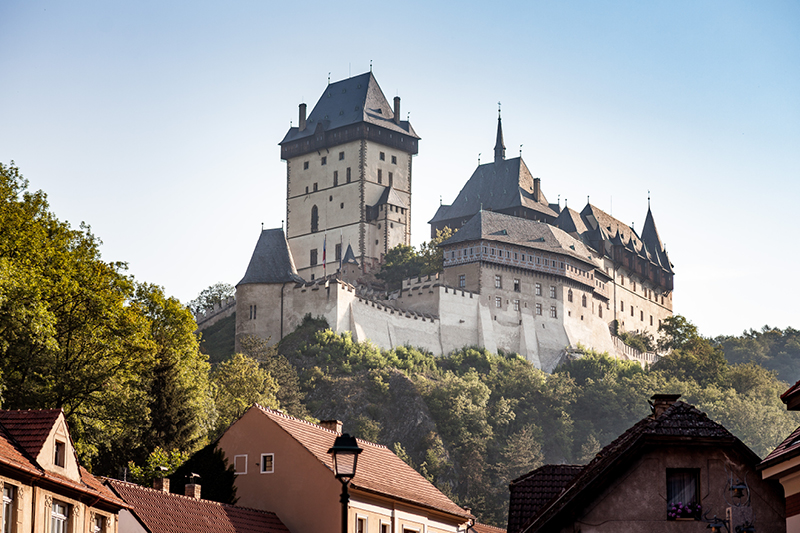 Zu sehen ist eine große Burg. Sie steht erhöht auf einem Berg. Um die Burg sind viele Bäume gewachsen. Unter der Burg sieht man einzelne Dächer und Häuser stehen.