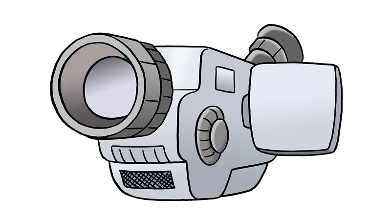 Eine Zeichnung von einer Video-Kamera. Die Kamera hat eine silberne Farbe. Das Objektiv zeigt nach vorne.