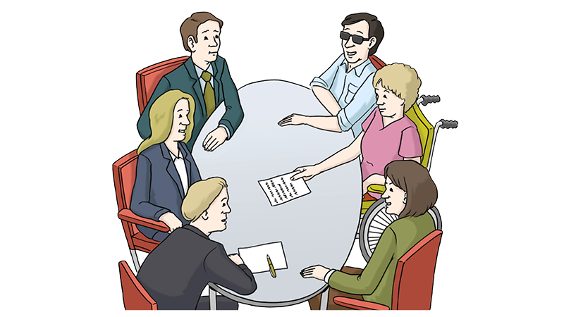 Eine Zeichnung mit 5 Personen. Die Frauen und Männer sitzen zusammen an einem runden Tisch. Sie sprechen miteinander.