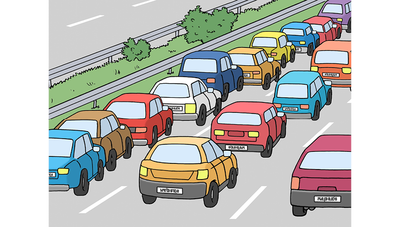 Eine Zeichnung von einer Autobahn. Die Autobahn hat 3 Spuren. Auf allen Spuren sind viele Autos. Es gibt einen Stau.