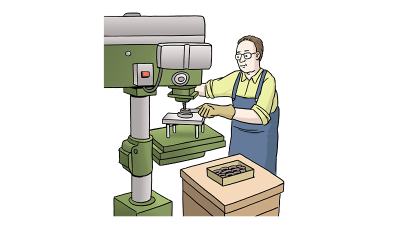 Eine Zeichnung von einem Arbeiter in einer Firma. Der Arbeiter bedient eine Maschine.