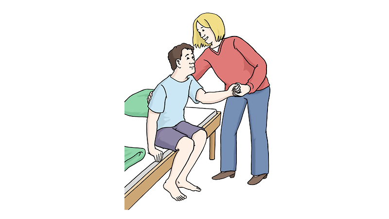 Eine Zeichnung von einer Frau und einem Mann. Der Mann sitzt auf einem Bett. Die Frau hilft dem Mann beim Aufstehen.
