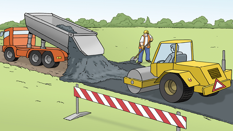 Eine Zeichnung von einer Baustelle im Stra&szlig;en-Bau. Zwei Arbeiter bauen eine Stra&szlig;e. Sie benutzen Bau-Fahrzeuge.