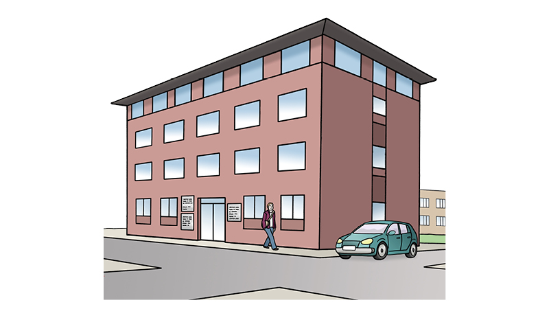 Eine Zeichnung von einem gro&szlig;en B&uuml;ro-Geb&auml;ude. Das Geb&auml;ude hat mehrere Stockwerke. Am Eingang sind Schilder. Vor dem Geb&auml;ude ist eine Person. Sie l&auml;uft zu einem gr&uuml;nen Auto.