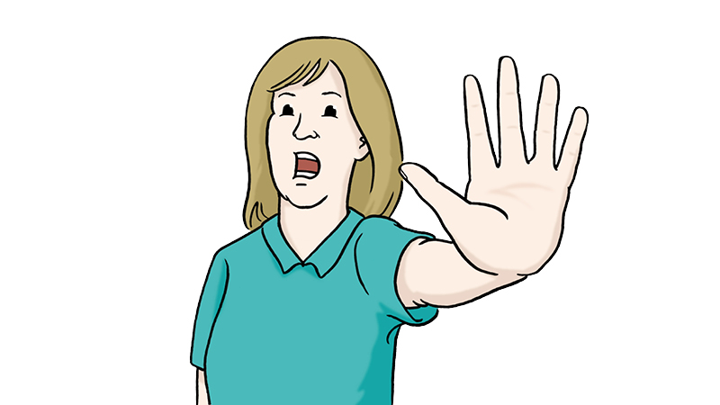 Eine Zeichnung von einer Frau. Die Frau hat den Arm ausgestreckt. Die Handfl&auml;che zeigt nach vorne. Die Frau hat den Mund ge&ouml;ffnet. Sie ruft Stopp.