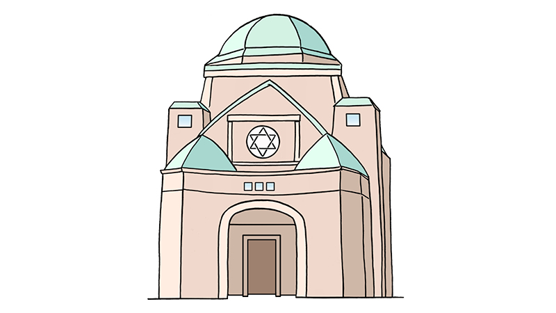 Eine Zeichnung von einer Synagoge. Eine Synagoge ist das Gebets-Haus von Juden und J&uuml;dinnen.