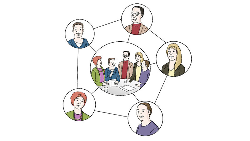 Bildliche Darstellung eines Netzwerks. Mehrere Personen sind miteinander durch Linien verbunden.