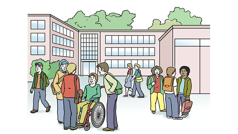 Illustration einer multikulturellen Gruppe Kinder in der Schulpause auf dem Pausenhof.