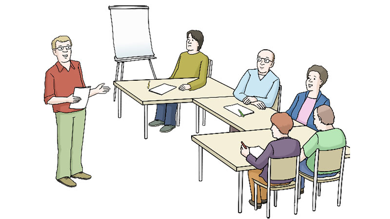 Illustration eines Workshops. Ein Teilnehmer trägt etwas vor. Neben ihm steht ein Flip-Chart-Board.