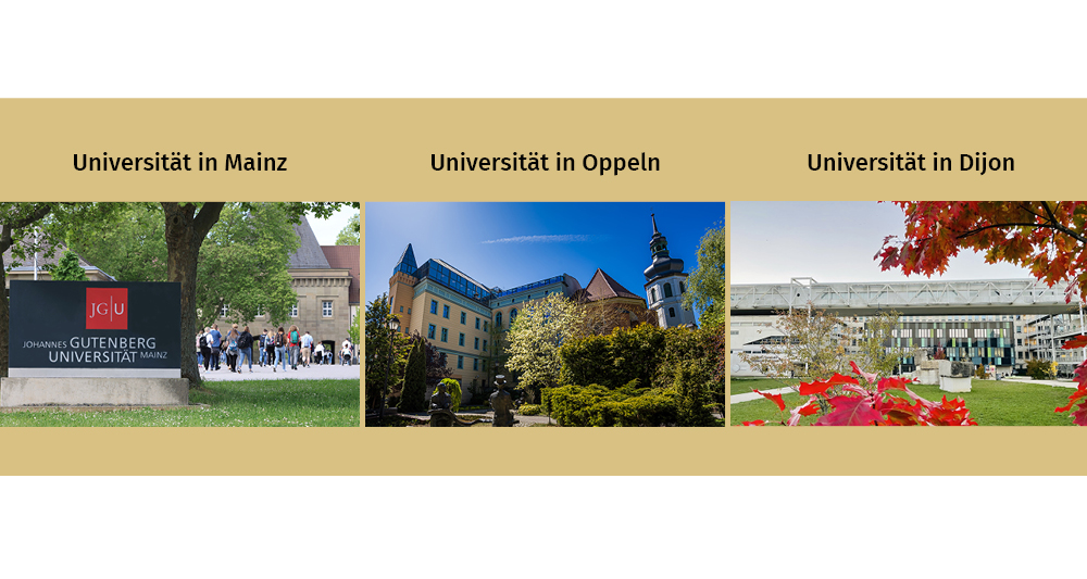 Zu sehen sind drei Fotos. Sie wurden auf einer gelben Fläche nebeneinander angeordnet. Link sieht man die Universität in Mainz, in der Mitte die Universität in Oppeln und rechts die Universität in Dijon.