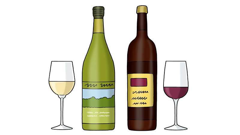 Eine Zeichnung von Wein-Flaschen und Wein-Gläsern. In einer Flasche ist Weiß-Wein. Daneben steht ein Glas mit Weiß-Wein. In einer anderen Flasche ist Rot-Wein. Daneben steht ein Glas mit Rot-Wein.