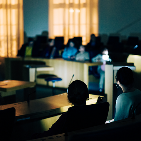 Zu sehen ist ein Teil des dunklen Plenarsaals. Man sieht die Umrisse einiger sitzenden Menschen.