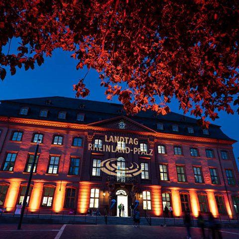 Das von Scheinwerfer angestrahlte Deutschhaus bei der Mainzer Museumsnacht im Dunkeln.