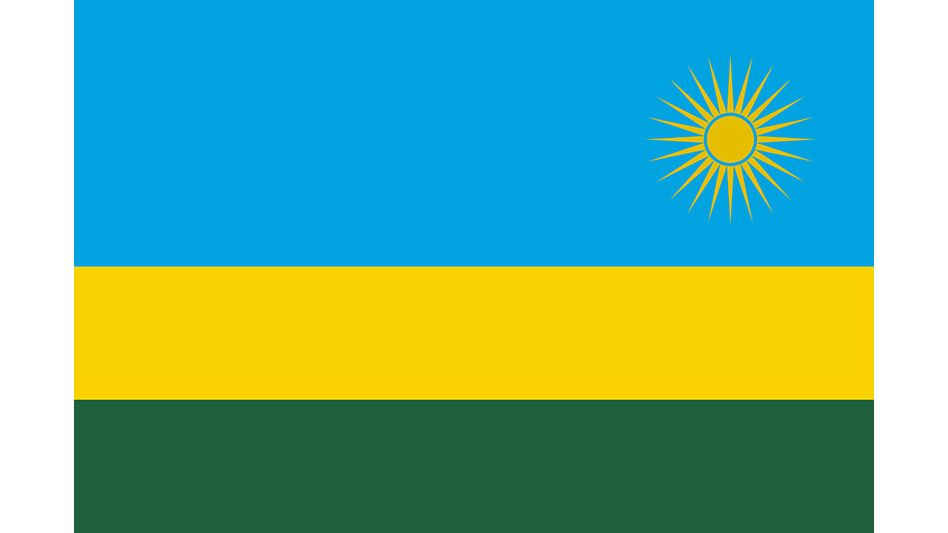 Flagge des afrikanischen Staates Ruanda in den Farben Grün, Gelb und Hellblau (von unten nach oben); rechts oben befinde sich eine gelbe Sonne auf hellblauem Grund