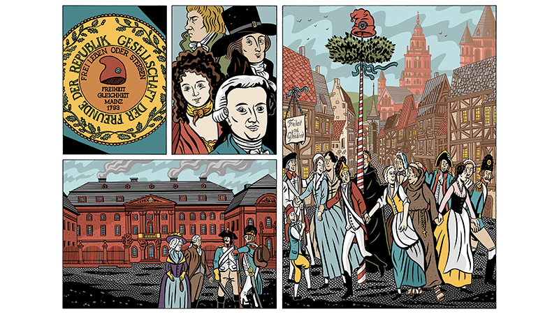 Illustrationen; Das Deutschhaus und Menchen zur Zeit der Mainzer Republik.