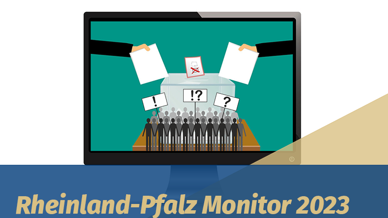 Rheinland-Pfalz-Monitor 2023. Auf einem Bildschirm ist eine Wahlurne abgebildet. Davor stehen viele Strichmännchen, die symbolisch ihre Meinung äußern.