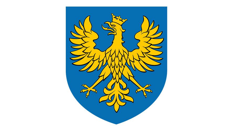 Wappen der Woiwodschaft Oppeln; gekrönter, goldener Adler auf blauem Grund