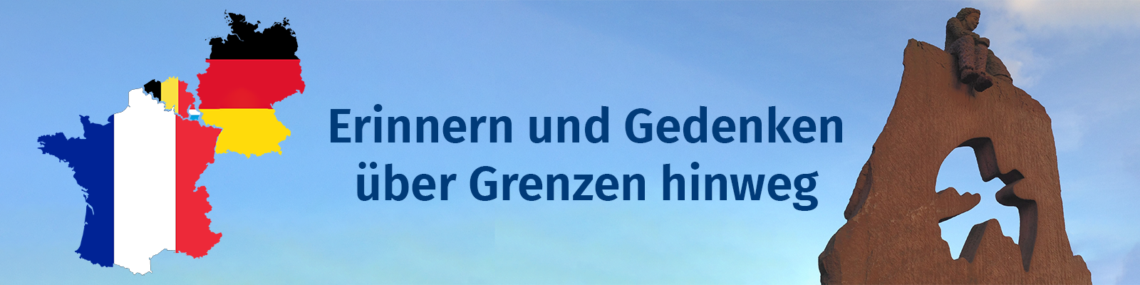 Symbolbild: Links sind die Länderumrisse von Frankreich, Belgien, Luxemburg und Deutschland zu sehen. Mittig steht "Erinnern und Gedenken über Grenzen hinweg". Auf der rechten Seite befindet sich das Denkmal der Deutsch-Französischen Freundschaft in Naßweiler.
