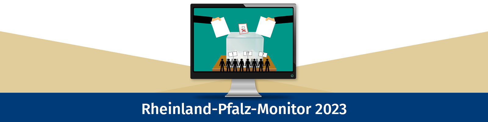 Rheinland-Pfalz-Monitor 2023. Auf einem Bildschirm ist eine Wahlurne abgebildet. Davor stehen viele Strichmännchen, die symbolisch ihre Meinung äußern. ©Landtag RLP / pixabay_Maiconfz / pixabay_mohamed_hassan / pixabay_GDJ  Rheinland-Pfalz-Monitor 2023. Auf einem Bildschirm ist eine Wahlurne abgebildet. Davor stehen viele Strichmännchen, die symbolisch ihre Meinung äußern.
