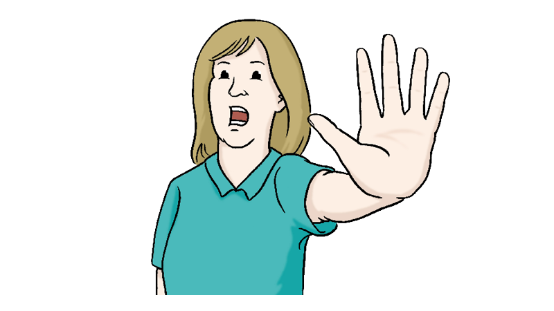 Eine Zeichnung von einer Frau. Die Frau hat den Arm ausgestreckt. Die Handfl&auml;che zeigt nach vorne. Die Frau hat den Mund ge&ouml;ffnet. Sie ruft Stopp