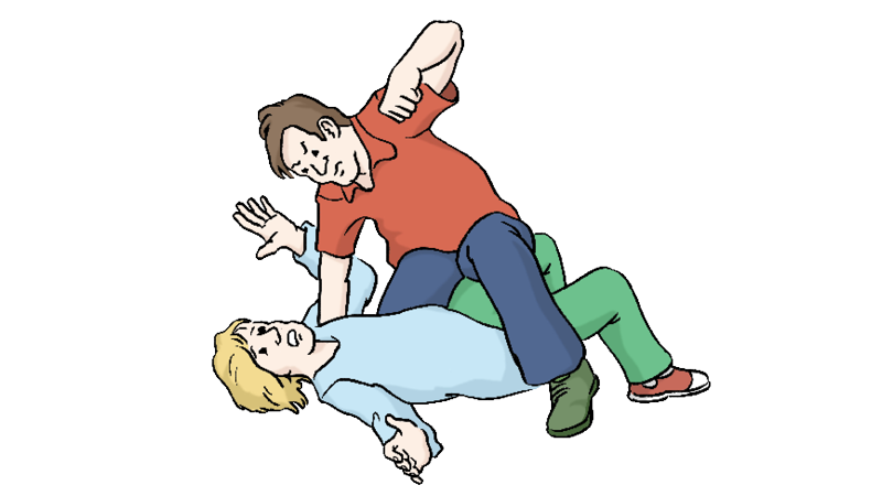 Eine Zeichnung von einer Pr&uuml;gelei. Ein junger Mann liegt auf dem Boden. Ein anderer kniet &uuml;ber ihm. Er hebt die Faust zum Schlag.