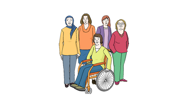 Illustration von Frauen aus diversen Bevölkerungsgruppen und Kulturen.